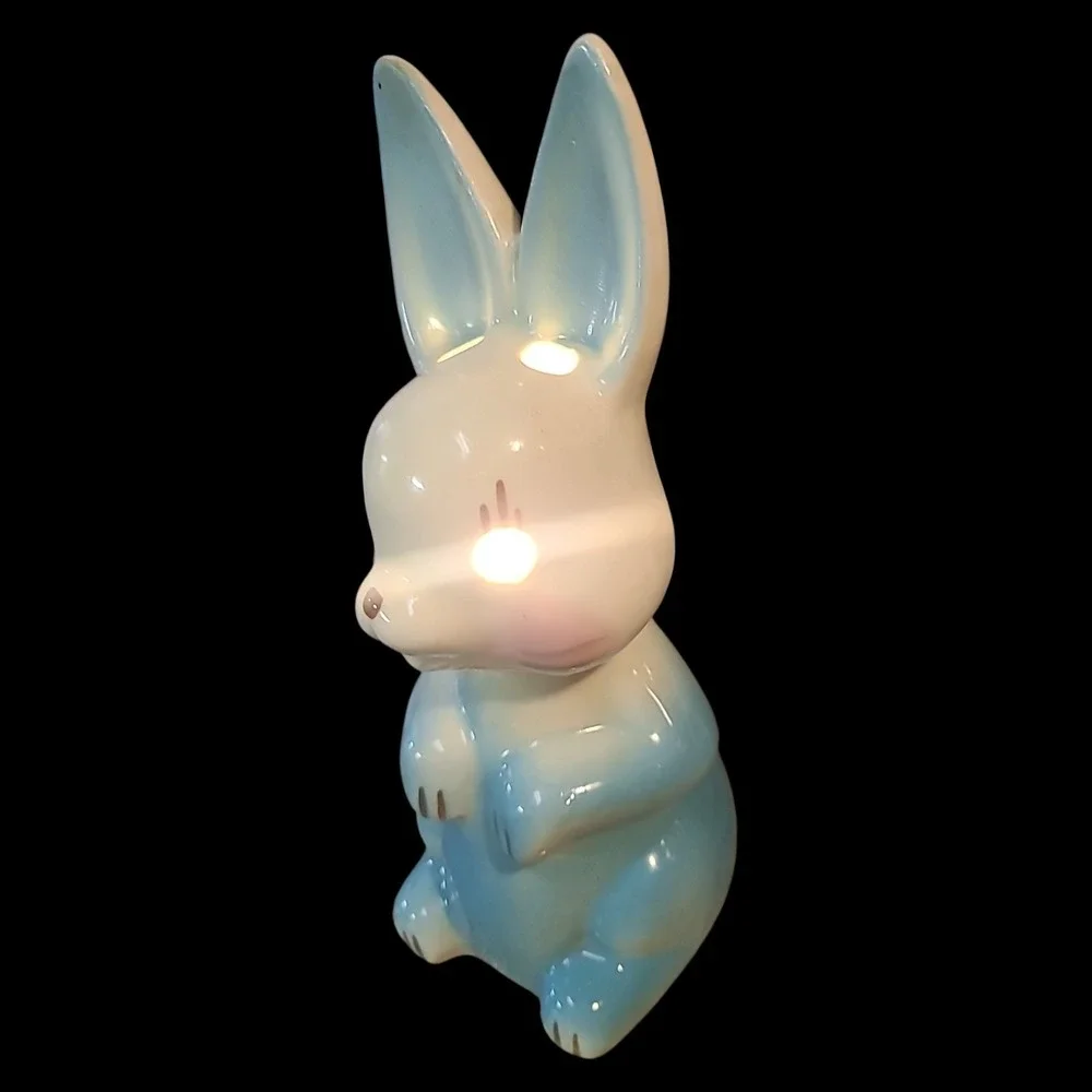 Vintage Porcelain Bunny Rabbit TV Lamp Blue White Light Easter Spring Decor